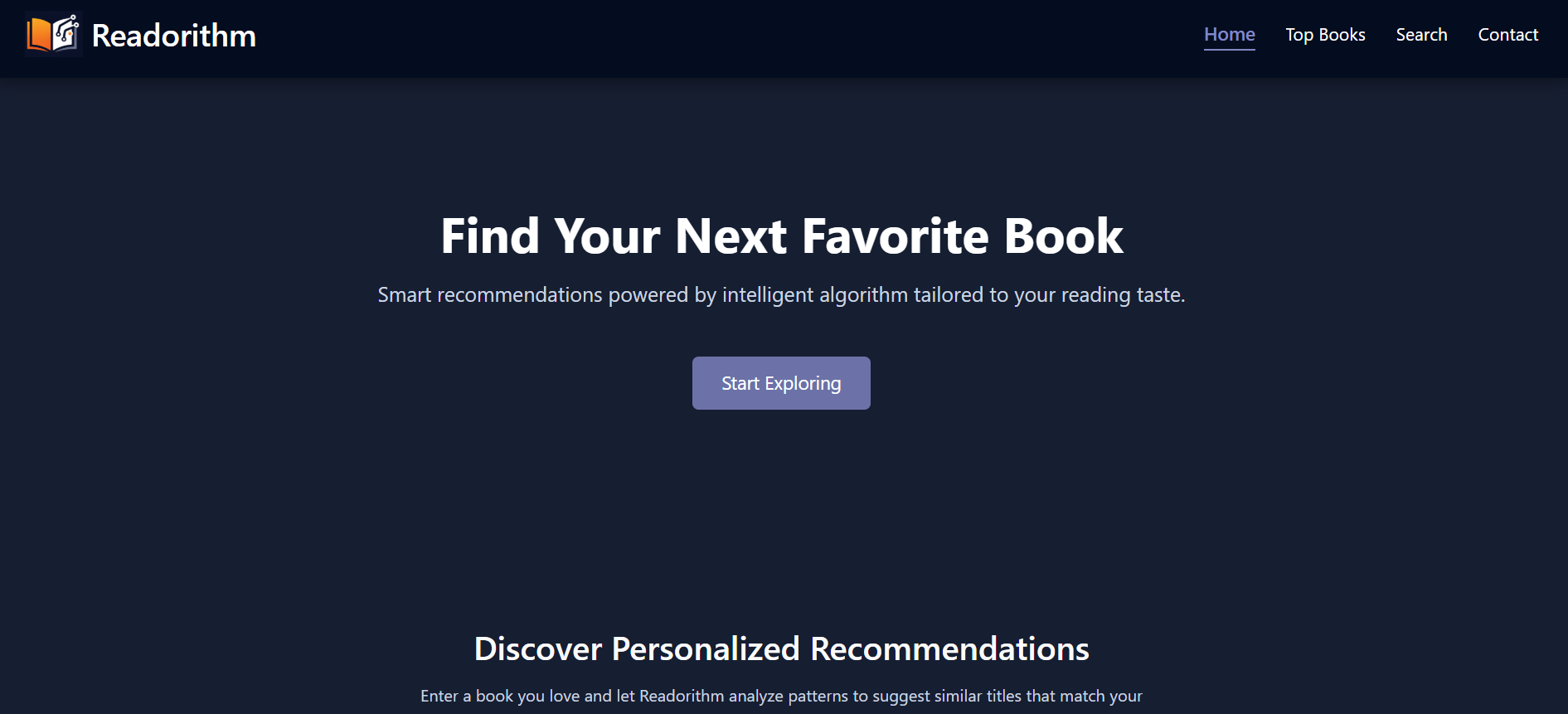 Readorithm book recommendation web application interface screenshot