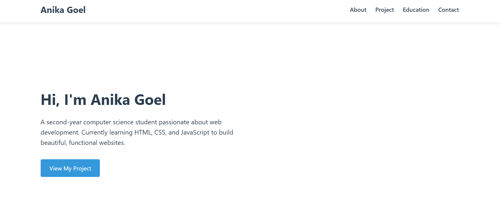 Anika's web development project screenshot showing a clean interface